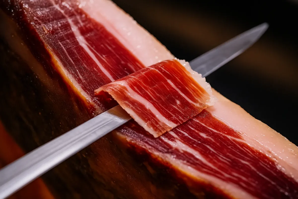 Corte tradicional de jamón ibérico con cuchillo, plano detalle de su veteado y textura.