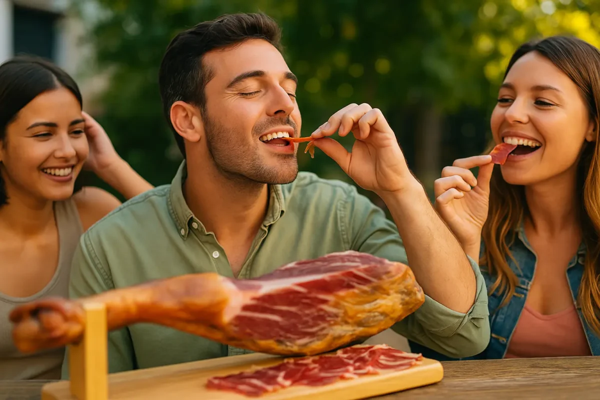 Amigos disfrutando de jamón curado al aire libre en un ambiente relajado
