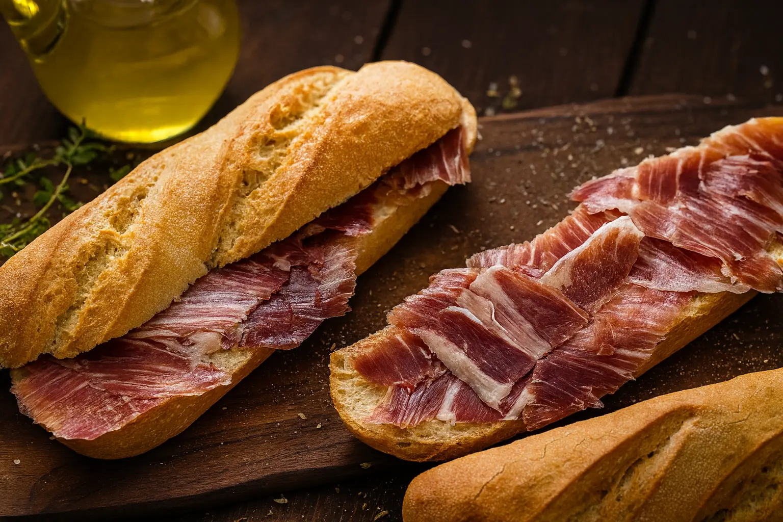 Bocadillos de jamón Duroc sobre pan crujiente, acompañados de aceite de oliva virgen extra.