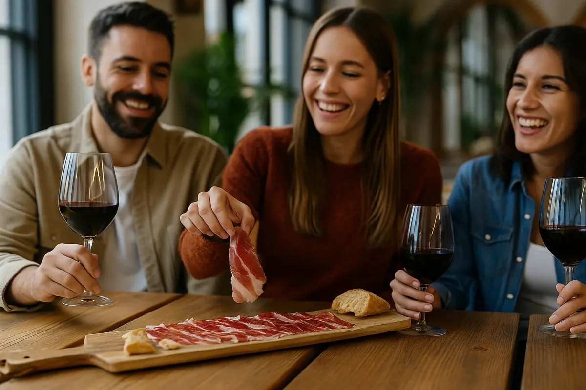Personas jóvenes disfrutando de paleta ibérica de bellota en una mesa gourmet
