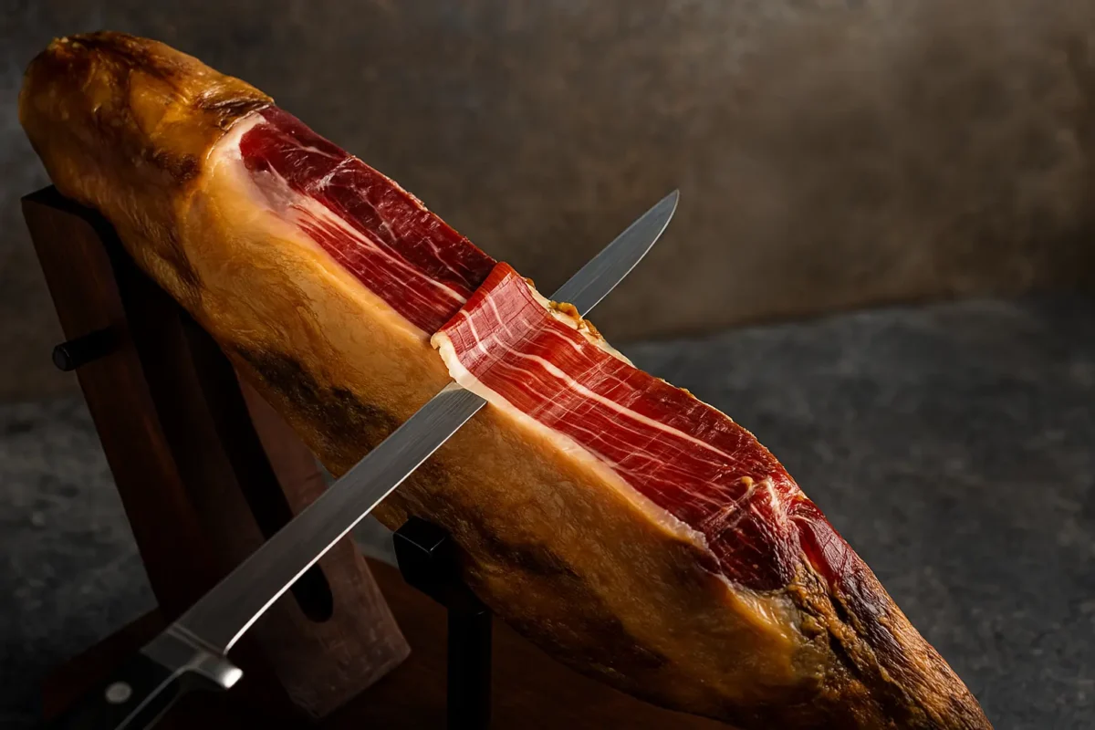 Corte profesional de jamón ibérico 100% bellota sobre jamonera