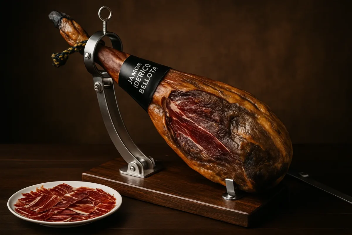 Jamón ibérico 100% de bellota sobre tabla de corte en cocina rústica