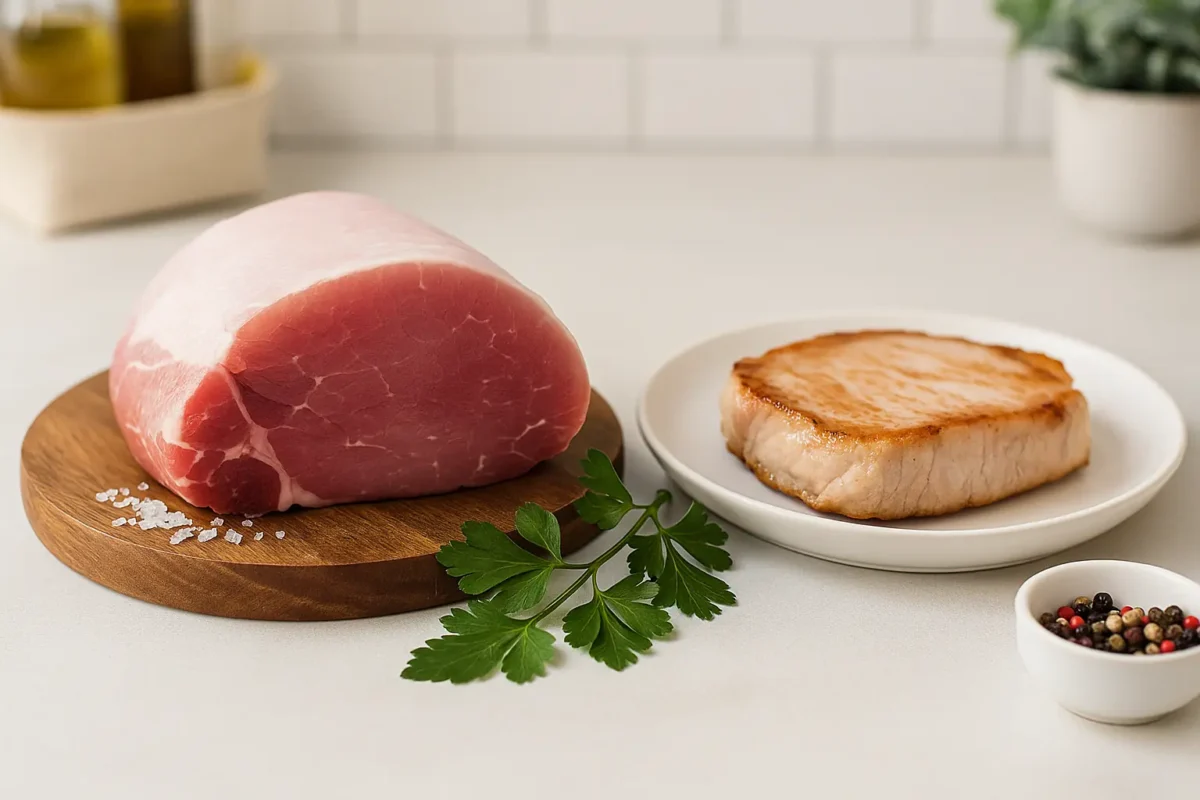 Carne de cerdo cruda y cocinada sobre fondo de cocina blanca moderna