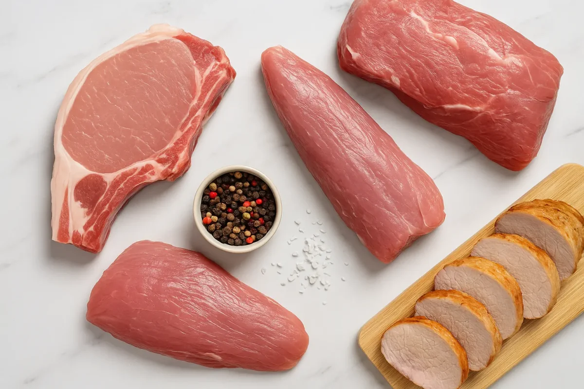 Diferentes cortes de carne de cerdo cruda y cocinada sobre fondo claro de cocina moderna