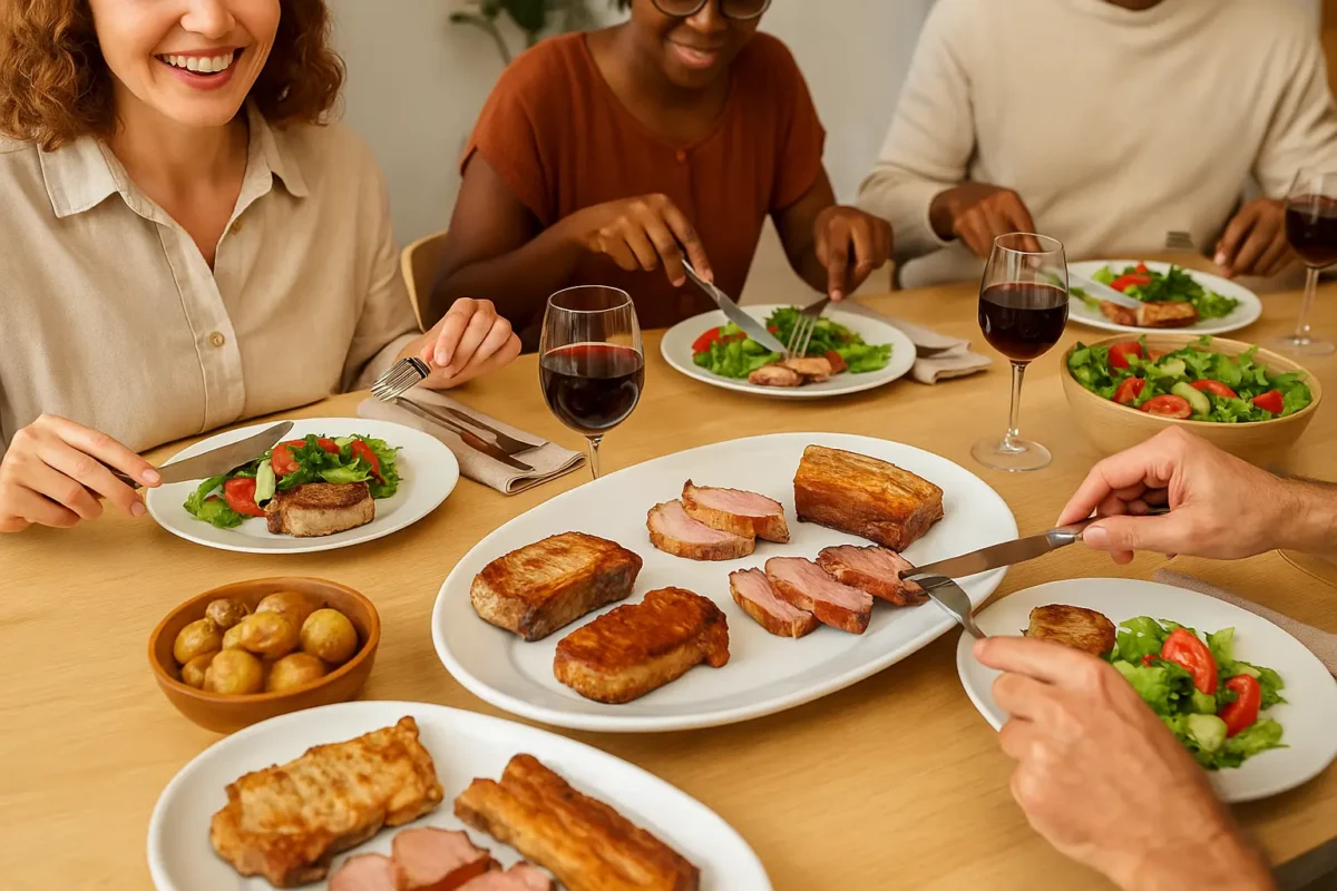 Personas disfrutando de platos de carne de cerdo cocinada en una mesa moderna con vino y ensalada